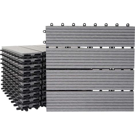 Set de 11 dalles de terrasse aspect bois WPC pour balcon jardin terrasse 30x30cm 1m² base gris linéaire 040005435