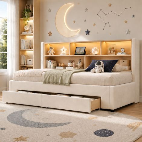 DESMIU Lit banquette 90 × 200 cm 2 places avec tiroirs, USB, Type-C et LED, sans matelas, velours beige (1/5)
