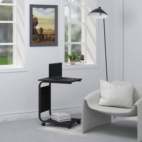 WOLTU Beistelltisch, Couchtisch mit 2 Ablagen 1 Seitentasche, Sofatisch mit Stauraum, Wohnzimmertisch C-Form, auf Rollen, für Bett Sofa, aus Holzwerkstoff Metall, 50x62x35 cm, Schwarz (1/4)