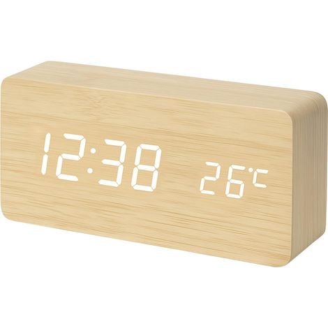Petit réveil en Bois avec 3 alarmes, variateur Manuel, Format 12/24 Heures et Affichage LED Blanc pour Chambre à Coucher (1/5)