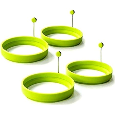 Lot de 4 Silicone Anneaux d'oeufs - Moules à Crêpes Antiadhésif - Ronde Moule de Cuisson avec poignée pour Friture (Vert) (1/5)