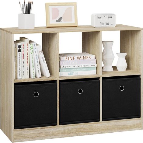 Woltu – Bibliothèque 80x30x60cm – Étagère en bois d'ingénierie avec 3 tiroirs en tissu – Chêne clair – 6 casiers de rangement