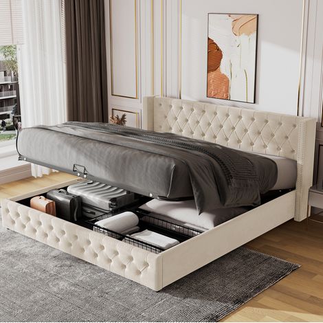 Letto contenitore 140x190 cm in velluto beige, senza materasso FloraGrace (1/5)