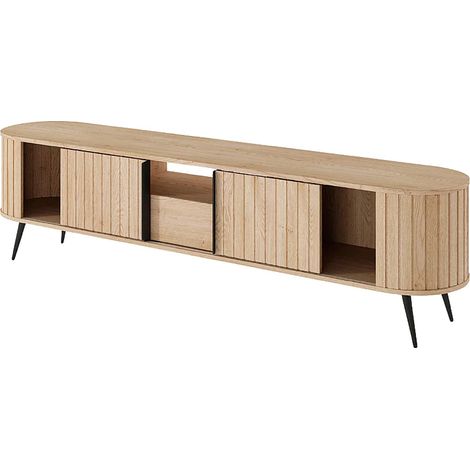 Mobile TV Moderno Con 2 Ante Scorrevoli 1 Cassetto Push To Open E Vano A Giorno Con Piedi In Metallo Nero Design Scandinavo 196 X 40.2 X 51.2 Cm Rovere (1/5)