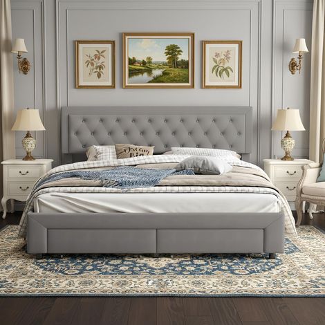 Letto matrimoniale 160x200 cm, letto con testiera imbottita e vano portaoggetti, sistema di sollevamento idraulico, con 2 cassetti ai piedi del letto, velluto, rete a doghe - Grigio