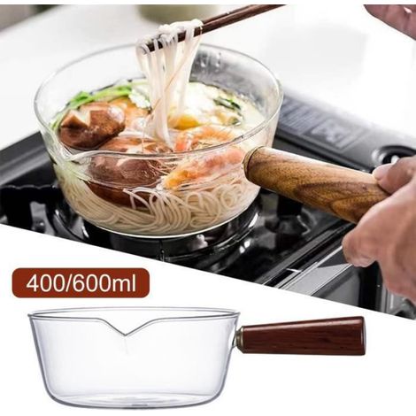 Pot À Lait Verre Borosilicate - 400 Ml - Résistant À La Chaleur - Pour Cuisinière Gaz Et Électrique - Avec Manche En Bois (1/4)