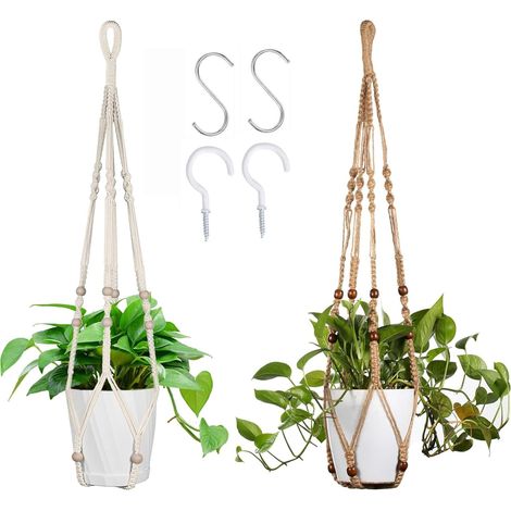 Lot de 2 Macramé Pot Suspendu, Macramé Plante Suspension, Macramé Support Pots pour Fleur, Coton Suspension Plantes pour Décoration Jardin Intérieur, ave 2 x S Crochets et Crochets à vis, 89cm