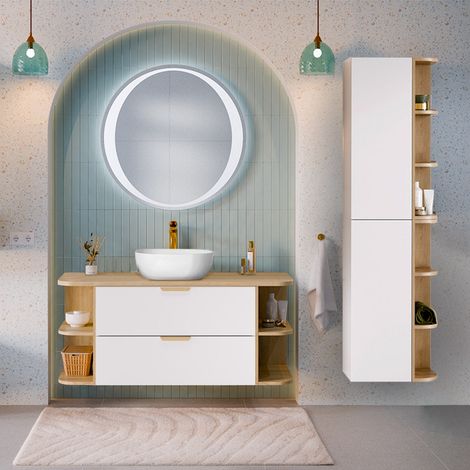 Ensemble meuble simple vasque 120cm niches arrondies et colonne Oria Blanc mat (1/5)