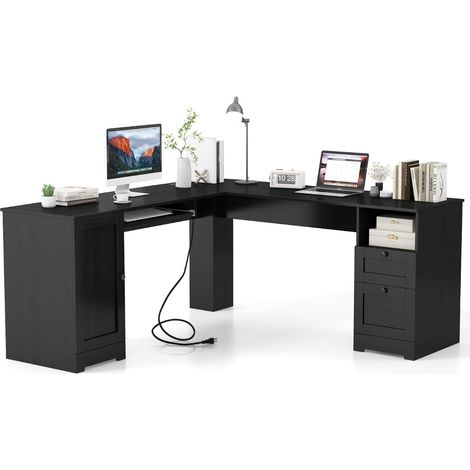Scrivania a L per gaming lavoro e scrittura 168 x 168 x 76 cm, Scrivania angolare moderna con 2 prese Nero (1/4)