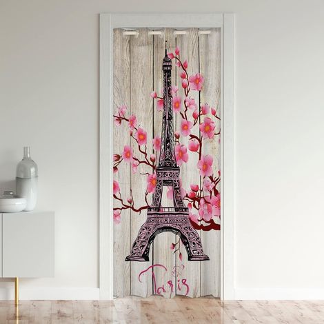 La Tour Eiffel Rideau de Porte 86x203cm Paris Cerises Floraison Paris Décor Rideaux de Chambre Botanique Floraison Rideau Occultant Valentines Rose Rideaux Exterieur d'entrée - 86L X 203H cm (1 Pannea (1/5)