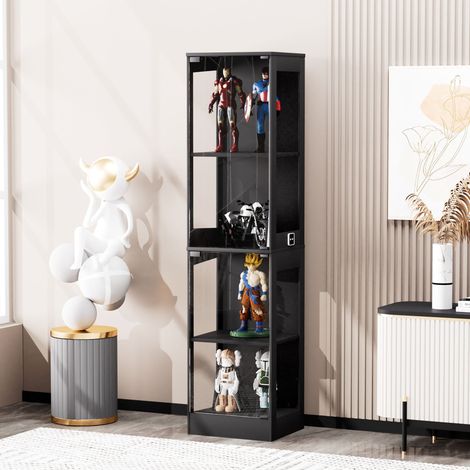 Vitrine verre quatre étages éclairage LED portes vitrées capteurs intelligents antipoussière salon chambre bureau noir 4035165cm.
