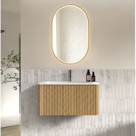 Set bagno sospeso 80 cm con specchio LED 50x80 cm, lavabo in pietra composita, design scanalato, rovere (1/5)