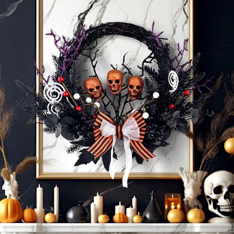 Couronne de décoration d'Halloween crâne simulé effrayant accessoires fête 43 adapté à la porte d'entrée 33CM Jaune (1/5)