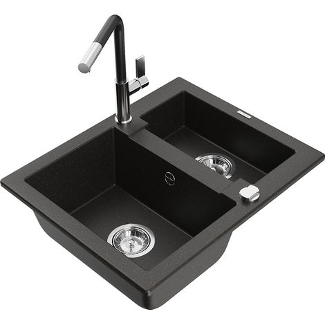 Mexen Carlos lavello in granito 1,5 vasca con miscelatore da cucina Flora, nero/oro metallico - 6518-75-670401-07 (1/5)