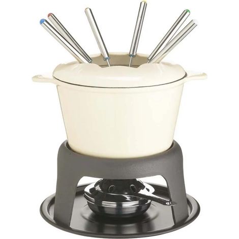 Aster Fondue-Set aus cremefarbigem Emaille-Gusseisen mit 6 Gabeln