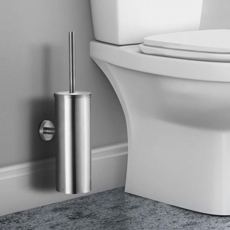 Brosse de toilette argentée, 12,512,540,5cm, brosse de toilette murale en acier inoxydable avec support. (1/5)