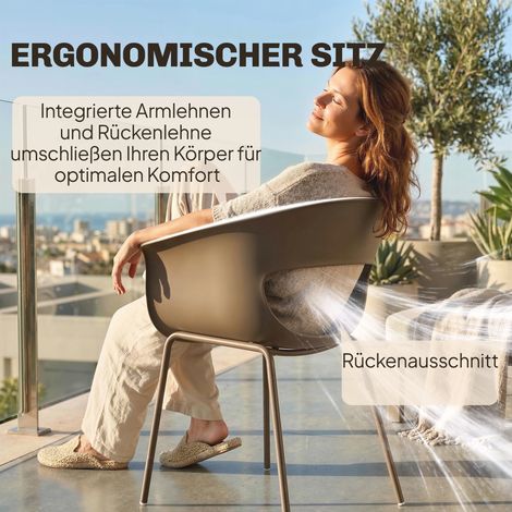 Lot de 4 chaises de jardin ergonomiques avec dossier ajouré, accoudoirs, résistantes aux intempéries et à la rouille, couleur café (1/4)