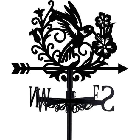 Girouette en forme d'oiseau - Colibri noir - Métal - Avec fleurs - Convient aux toitures végétalisées - Panneau indicateur - Moulin à vent décoratif d'extérieur avec support (1/5)