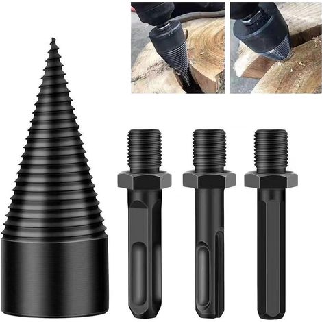 Broca para partir leña, broca para partir madera, herramienta para partir leña de alta resistencia, 32 mm de diámetro, con tres varillas (negra) (1/5)