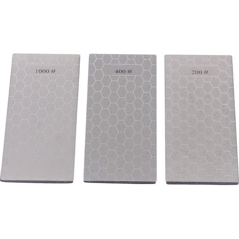 Lot de 3 pierres à aiguiser avec base antidérapante, grains 200, 400 et 1000, pour la cuisine et l'extérieur. (1/5)