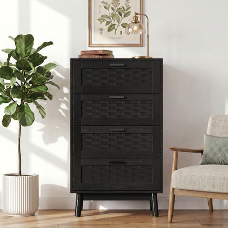 BLANKETSWARM - Commode à 4 tiroirs en rotin, 55x40x95 cm, armoire de rangement avec tiroirs - Finition bois Noir