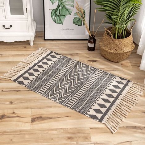 Tapis en coton noir à double côtes - 60 x 90 cm, style bohème, tissé à la main, lavable, avec pompons, pour salon/cuisine (1/5)