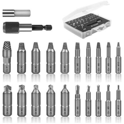Kit estrattore per viti rotte, 22 pezzi di strumenti di estrazione migliorati in acciaio legato HSS 4341 con punte da trapano, 2 portapunte magnetici di prolunga, adattatore per bussola per bulloni da (1/4)