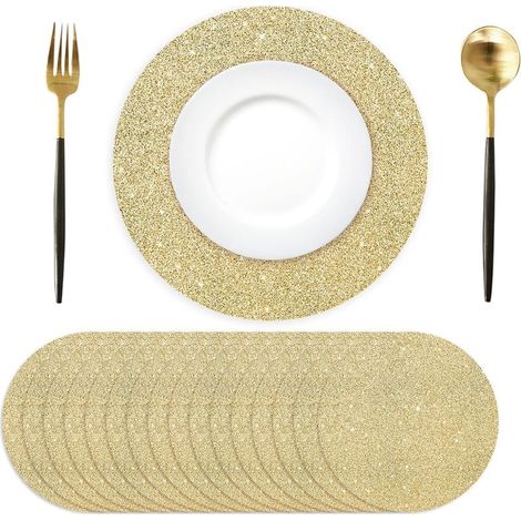 Lot de 50 Sets de Table en Papier Ronds Pailleté Doré Sets de Table jetables Ronds doré Clair, 35 cm, Décoratifs pour Fête, Vacances, Mariage, Anniversaire (1/4)