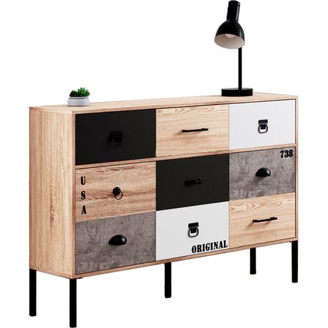 Idmarket – Buffet industriel 3 portes 3 tiroirs 110 cm – Structure effet bois et métal – Large plateau 110 x 30 cm – Rangement optimal (1/5)