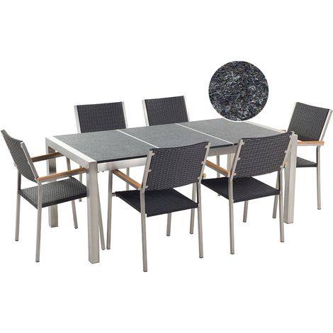 Set da Giardino Tavolo con Piano Basalto Nero 6 Sedie Rattan 180 x 90 cm Grosseto