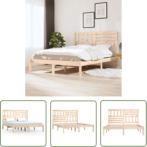 The Living Store Cadre de lit sans matelas bois massif de pin 140x200 cm - Cadre De Lit - Lit Double - Bois Massif - Pin - Design Rustique (1/5)