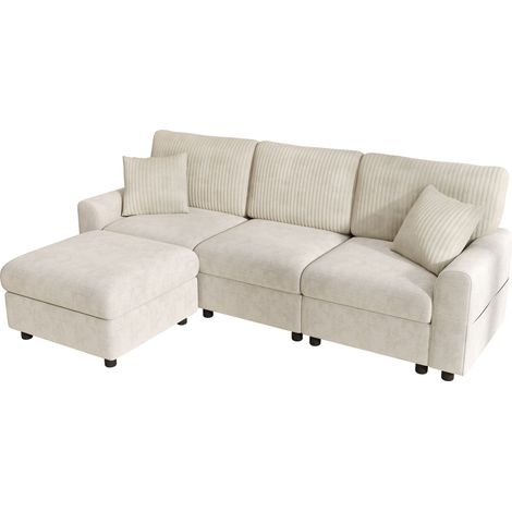 ELVMI Sofá recto con puf, 2 cojines, puertos USB y Type-C, en chenilla y pana beige (1/5)