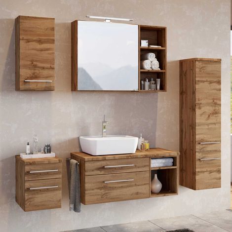 Waschtisch-Unterschrank 90 cm mit Siphonausschnitt Rechts inkl. Keramik Aufsatzwaschbecken & Regal TAREE-03 in wotaneiche Nb.