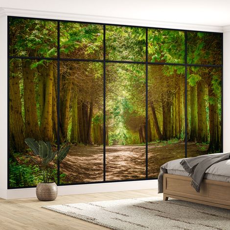 Papier peint panoramique Trompe l'oeil Verrière - Chemin forêt - 130 cm x 82 cm (1/5)