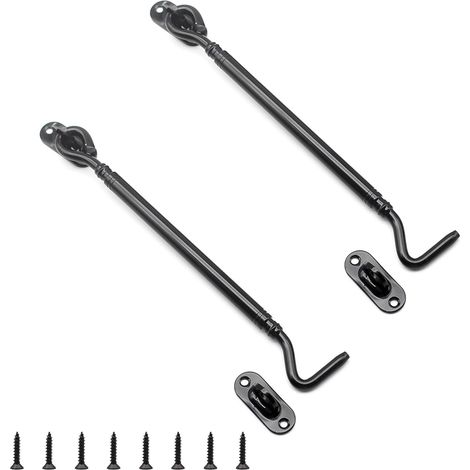 2 Pièces Crochet Porte Noir, Crochet de Porte en Acier Inoxydable de 205 mm avec œillet, Crochets de Bloque Volet Noir, avec Loquet à Vis avec Crochets, pour Fenêtres et Portes (1/5)