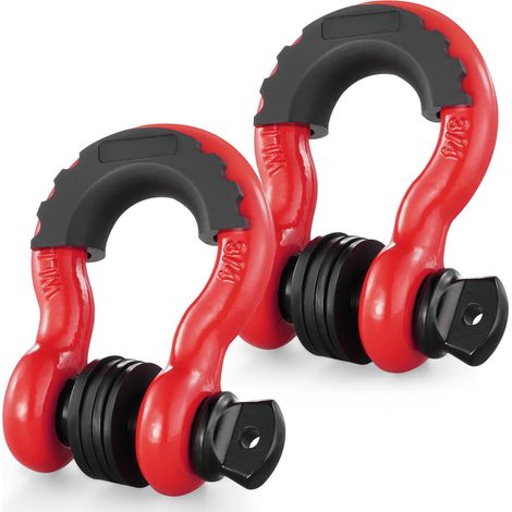 Manille à anneau D 19 mm, lot de 2 manilles de remorquage acier allié, résistance à rupture 28,5 t avec goupille à vis 22 mm, isolateurs et rondelles, récupération pour VTT, camions, jeep, rouge (1/5)