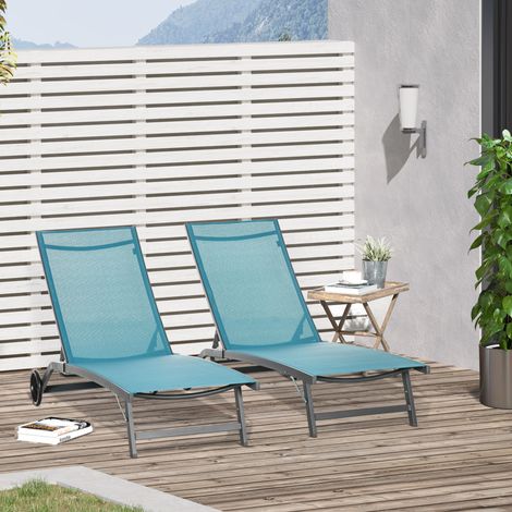 Outsunny Lot de 2 Bains de Soleil en Aluminium & Textilène - Roulettes, Dossier Inclinable, Charge Max. 150kg, Bleu
