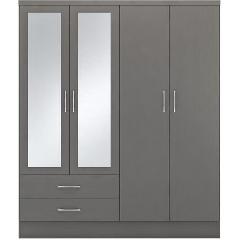 Nevada 4 Door 2 Drawer Mirrored Wardrobe - L52 x W154 x H182.5 cm - 3D Effect Grey