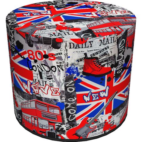 Dekorativer Pouf, Bertoni, London-Print – runder Pouf für Wohnzimmer und Flur, 40 cm Durchmesser, elegant, mit Reißverschluss, waschbar (1/5)