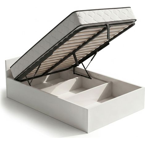 Bett mit Bettkasten 100x200 cm Metalllattenrost aufklappbar und Federkernmatratze Weiß (1/5)
