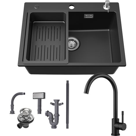 Lavello in granito 60×45 cm + miscelatore cucina, lavello da appoggio con cestello scolapiatti e dispenser di sapone (1/5)