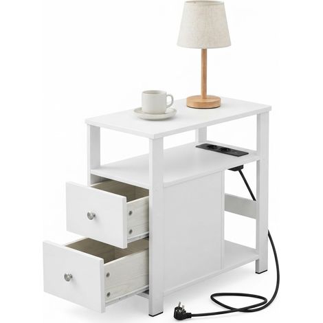 ELVMI Tavolino con 2 Cassetti, 2 Ripiani, Prese e USB, per Soggiorno o Camera da Letto, Legno Bianco, 60 x 60 x 30 cm (1/5)