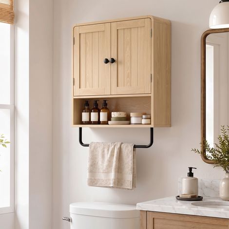 Armoire murale de salle de bain, meuble de rangement suspendu avec 2 portes, étagère ouverte, porte-serviettes, chêne (1/5)