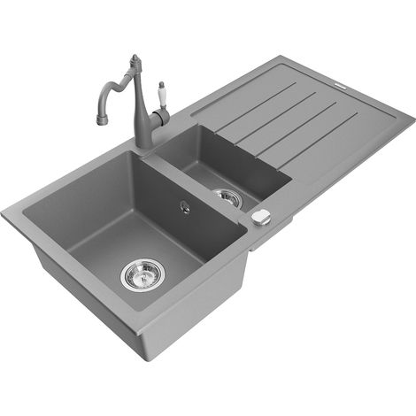 Mexen Andres fregadero de granito de 1,5 compartimientos con escurridor y grifo de cocina Carla, gris - 6515-71-670700-71 (1/5)