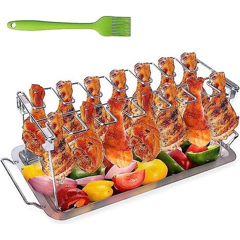 Chicken Leg Wing Grill Rack, BBQ Chicken Drumsticks Rack Stainless Steel Roaster Stand with Drip Pan, Hang Up to 14 Chicken Legs or (1/5)
