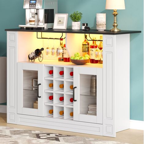 Buffet de cuisine LED RGB 120x35x84 cm avec casier à vin 12 bouteilles et porte-verres, MDF blanc (1/5)