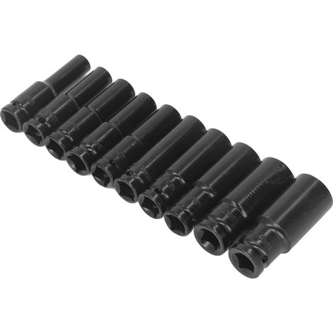 Satz von 10 Schlagschrauber-Steckschlüsseln aus hochkohlenstoffhaltigem Stahl, 8-24 mm, mit Sechskantantrieb, für Reparatur- und Wartungsarbeiten. (1/5)