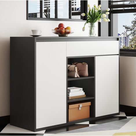 Schuhschrank 105x39.5x86 cm Schwarz-Weiß aus Spanplatte mit LED-Beleuchtung und verstellbaren Einlegeböden (1/5)