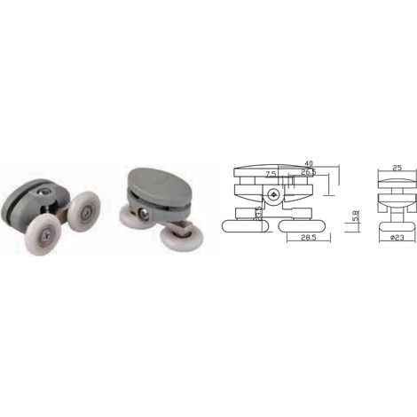 Coppia Cuscinetti Doppia Ruota Attacco Superiore Box Doccia – Nylon Grigio Ø23 mm – Foro 9 mm – Interasse 26,5 mm