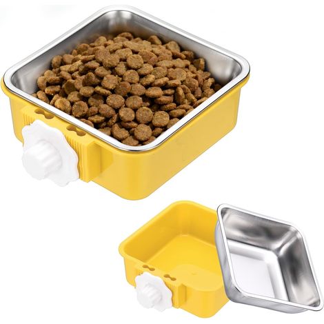 Gamelle à suspendre pour cage - Gamelle inoxydable amovible 2 en 1 - Pour chien, chat, lapin, cochon d'Inde et oiseaux - Eau/nourriture-Jaune (1/5)